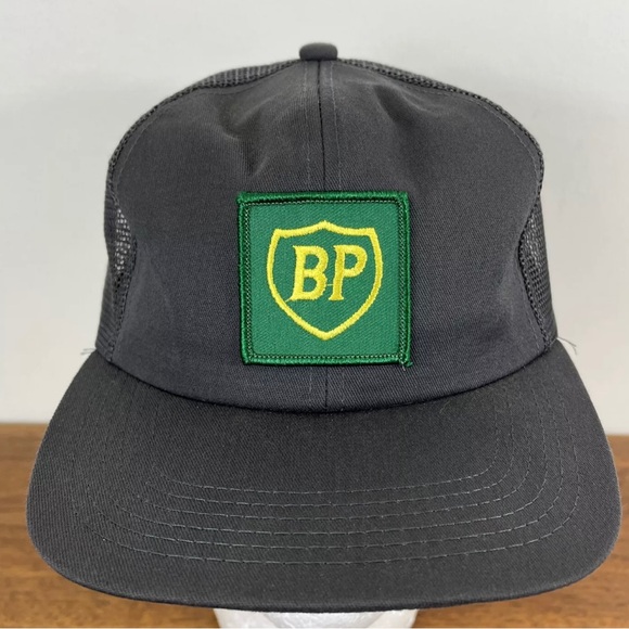 VINTAGE 90s BP British Petroleum Patch Trucker Snapback Hat Cap Gray Workwear - Picture 2 of 15